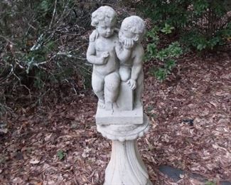 Concrete Yard Art Statue 2 Kids on a Pedestal