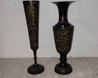 Pair of Black and Gold Metal Vases