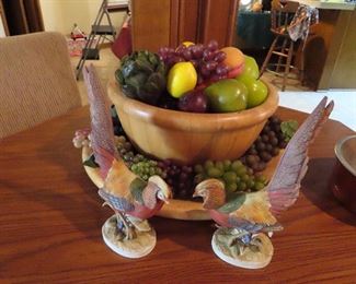 Extra Large Wooden Bowl with Charger - Pair Vintage Pheasants 