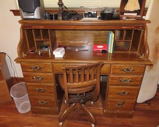 Vintage Roll Top Desk - Oak Desk Chair