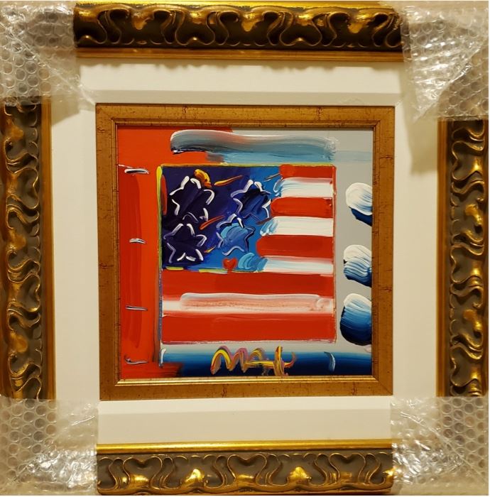 On Sale Now  - 50% off - $5,500.     ACCEPTING OFFERS VIA TEXT ON THIS ITEM 225.287.1309                                          Peter Max "Flag w/Heart XXIII, #83", Acrylic on canvas, height 10" x width 10", signed lower right. Well
framed. Frame size: Height 19 5/8 inches x width 19 5/8 inches. Year: 2007, signed in pigment lower
right. Unique work from the collection of the artist.
Appraisal 4/2016: $16,500 (appraisal will be supplied with sale).  This piece will only continue to appreciate.   Purchase online at https://FecitAntiquesAndEstates.net/shop.  Located in Acrylics.