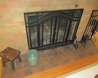 Beautiful leaded glass fire screen and tools