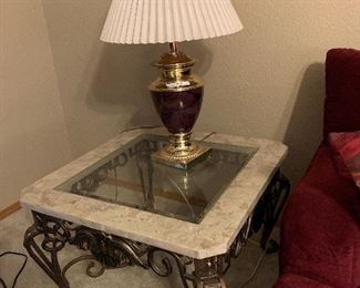 Wrought iron and marble sofa table, end table and coffee table set