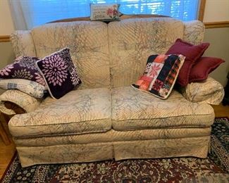 Love seat, overstuffed chair and ottoman