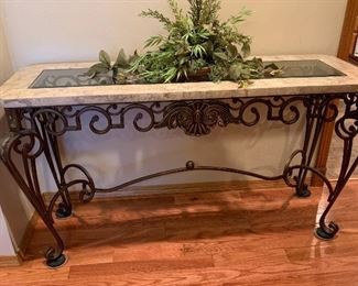Wrought iron and marble sofa table, end table and coffee table set