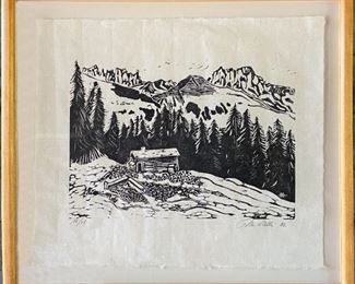 Cabin in the Alps 

M. Salli

Signed, Woodcut Print; Edition 14/15

16" x 18" (framed)


The Story: 
In 1984, I visited my cousin William Beckwith, who lived in Klosters, Switzerland, and London. He gave us his car to use, his house, and recommendations for exploring this popular ski resort in the summer. One such visit was to a local artist’s cabin studio in the mountains near Klosters. My friend and I fell in love with his woodcut prints, and I bought this one, carefully rolling it up to preserve it in our travels back to the States and framed it when I got back to Cambridge.  

While it reminds me of a marvelous trip — of luscious scenery, delicious bakeries, and friendly locals — I no longer have room for it in our little house on Plum Island.