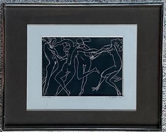 Dance Study #7 by Elbert Wienberg
Dance Study #7
Elbert Wienberg
Signed; Etching
16" x 20" (framed)
Reserve: $400.00
The Artist:
Elbert Weinberg was an American Sculptor from Hartford, CT, studied at Rhode Island School of Design, was awarded the Prix du Rome at age 23, returned to Rome on a Guggenheim Fellowship, and has work at MOMA in NYC, Boston’s MFA, Wadsworth Atheneum, and the Jewish Museum of NY, among others. He went on to teach at Yale School of Design, Union College, Temple University and was a full professor at Boston University. He died in 1991 of a rare bone marrow cancer.
"Speaking for myself, the rightness between material, form, content, expressive intention and the success of their marriage is what constitutes beauty in art. Moreover, they have to be in divine combination, must radiate a "magic," a "soul," a "spirit" or whatever you wish, to indicate the poetically ineffable. It is the same quality which overwhelms a sensitized observer, changes his or her