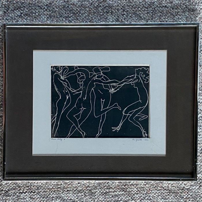 Dance Study #7 by Elbert Wienberg
Dance Study #7 

Elbert Wienberg 

Signed; Etching 

16" x 20" (framed)

Reserve: $400.00 

The Artist: 
Elbert Weinberg was an American Sculptor from Hartford, CT, studied at Rhode Island School of Design, was awarded the Prix du Rome at age 23, returned to Rome on a Guggenheim Fellowship, and has work at MOMA in NYC, Boston’s MFA, Wadsworth Atheneum, and the Jewish Museum of NY, among others. He went on to teach at Yale School of Design, Union College, Temple University and was a full professor at Boston University. He died in 1991 of a rare bone marrow cancer.

"Speaking for myself, the rightness between material, form, content, expressive intention and the success of their marriage is what constitutes beauty in art. Moreover, they have to be in divine combination, must radiate a "magic," a "soul," a "spirit" or whatever you wish, to indicate the poetically ineffable. It is the same quality which overwhelms a sensitized observer, changes his or her 
