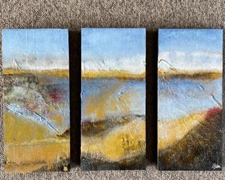 Gone to the Merrimack 

Liz Desmarais 

Signed; Mixed Media 

30" x 24" (individual panels 22" x 10")

Triptych

Reserve: $300.00