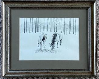 Snowy Scene 

Barbara Frake

Signed Pencil Drawing 

19.5" x 23.5" (framed)

The Story:
This pencil drawing captures the peace and beauty of a snowy day. The artist was inspired by the simple calm of a typical pasture scene; stablemates enjoying their hay, surrounded with new-fallen snow. So quiet. 