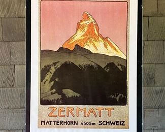 Zermatt

Emil Cardinaux 

Vintage Poster; Reproduction

27" x 20" (framed)

The Story:
Zhermatt is a beautiful Swiss village at the foot of the Matterhorn. To get there you have to take a train up the steep side of the lower mountains until you get to the Village which is pedestrian-only. This poster, originally created in 1908, captures some of the mystique of the Matterhorn.