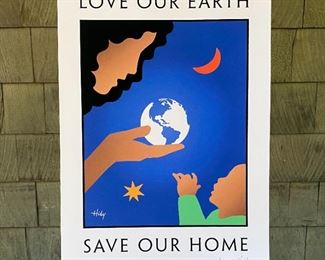 Love Our Earth, Save Our Home

Lance Hidy 

Signed Print 

18" x 12"

The Story:
Lance Hidy designed two versions of the earth poster, commissioned by Womens Action for Nuclear Disarmament of Arlington, MA, in 1984 while living in Newburyport. In one version with a green background the mother is holding her baby in nursing position, offering it the earth. The alternate version shows mother, baby, and earth silhouetted against a blue sky, with a moon and star.
Thirty-five years later, as the climate emergency intensified, Hidy decided to reprint the poster, making the skin darker and more universal. The original slogan, Children Ask the World of Us, is an antiquated, English idiom that is rarely used anymore, and that proved to be untranslatable into foreign languages. He finally chose "Love Our Earth, Save Our Home" for the new version.
