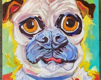 Pug

Beth Cennami 

Signed; Acrylic 

20" x 20" 

The Artist:
I began painting in acrylic over a year ago. My main goal is to have fun, which is why I paint dogs. 

Pug is an early painting inspired by a friend's dog Molly. She's shocked that I wanted to paint her portrait. Or, she's shocked by the results. She has a healthy ego.