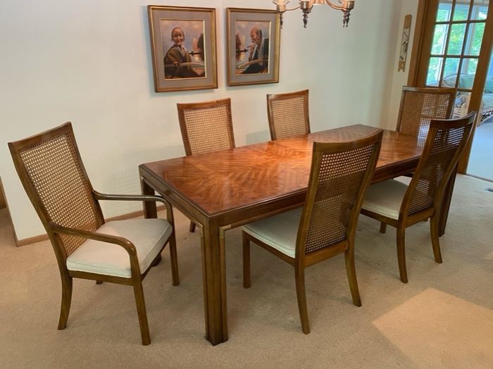Vintage Drexel Heritage “Accolade” dining set.  Comes with four side chairs, two captains chairs, two 20” leaves and full table pads