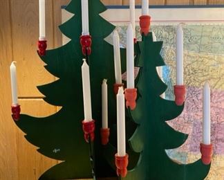 Great selection of vintage and Scandinavian Holiday linens and decor, like these Swedish wood interlocking Christmas trees.  One is 13 1/2” tall and the other is 19” tall.