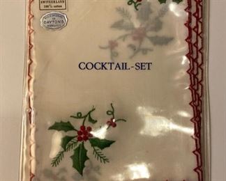 Great selection of vintage and Scandinavian Holiday linens and decor, like this set of cocktail napkins made is Switzerland for Dayton’s