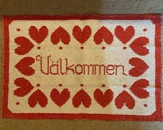 Great selection of vintage and Scandinavian Holiday linens and decor, like this outdoor Valkommen welcome mat