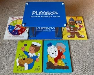 Vintage Playskool puzzle storage rack, comes with 4 Playskool wood puzzles