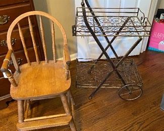Beverage cart and vintage high-chair