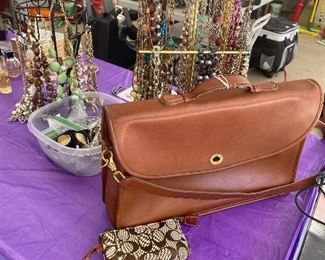 Vintage Coach leather Messenger and logo wristlet, tons of costume jewelry 