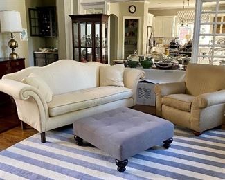 West elm ottoman. Lovely neutral cream serpentine back sofa.