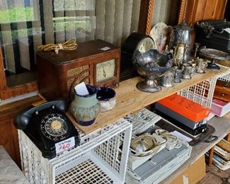 Antique Phone, Radio, Silver Plated vessels including a 1938 Royal Typewriter and Ingraham Regulator Wall Clock not shown in picture.