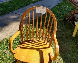 Ahh, my beautiful oak chair with curved arms in perfect condition. It looks like an Amish creation but no markings to indicate it. Definitely worth $60 but willing to shave a little off . . . say $10
