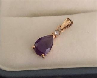 Amethyst , one diamond, 14k pendant