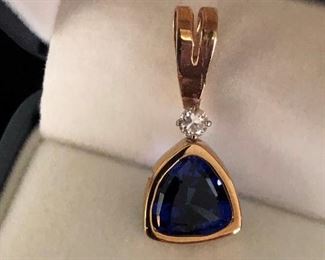 Trillion Tanzanite , one diamond 14k pendant