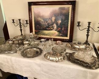 Beyond the Autumn Gate, 30x24.A/P 334/600. By Thomas Kinkade. Collection of outstanding ornate Victorian silver plate trays, candlesticks and more.