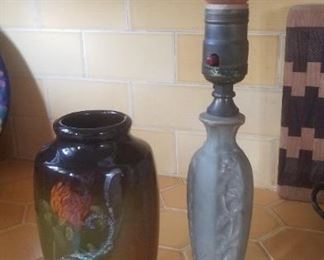Weller silver overlay vase, small pottery lamp base