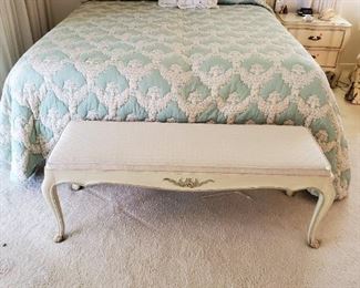 "White" Headboard and Bench in pale yellow with green accents ... in great condition