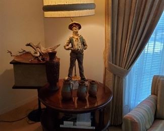 Vintage Bose 901 Speakers on stand; "White" Round Occasional Table; Vintage Lamp