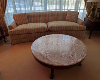 Upholstered Couch, "White" Round Coffee Table with Marble Top