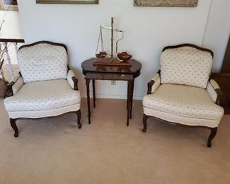 Pair of Upholstered "Woodmark" Arm Chairs along side "White" Nested Tables