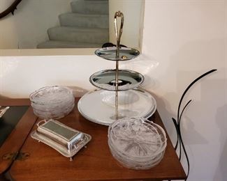 Crystal dessert plates & silver butter dish