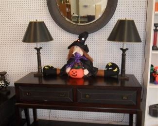 console table with 2 drawers,  2 matching lamps for sale, round mirror, and don't forget the witch!