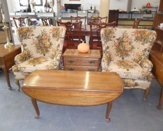 Matching wing back chairs. Also 4 piece Knob Creek coffee table, 2 end tables and small chest of drawers.