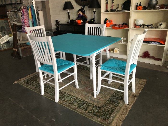 Turquoise drop leaf dining table with 4 chairs