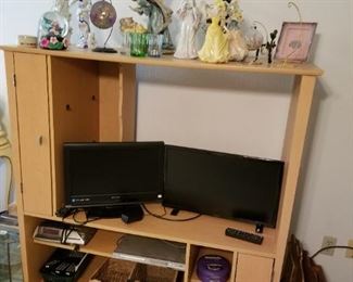 Entertainment center, flat screen TV and monitor