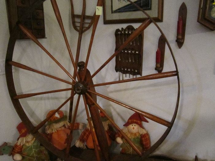 Antique spinning wheel with tools over 52" wide