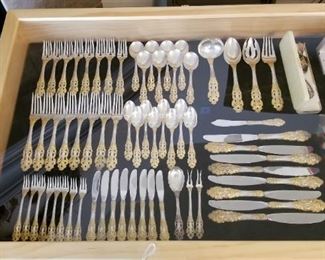 Sterling Silver Flatware - Gorham Golden Crown Baroque pattern. 8 place settings of 7 pieces each plus 8 serving and specialty pieces. 64 pieces in all.  (more photos under kitchen) 