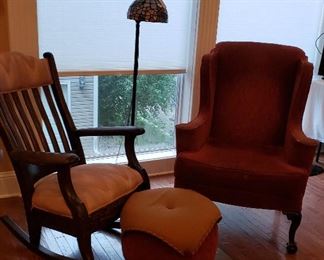Rocking chair, ottoman, floor lamp, wing chair