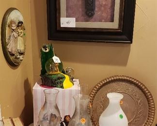 oil lamps, trays, framed cross