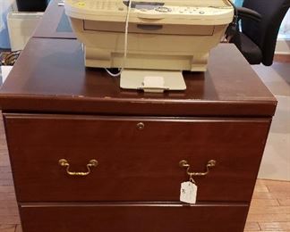 Two drawer legal file cabinet, desk, older printer