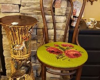 needlepoint chair, chalk plant stand