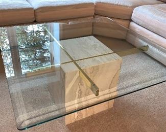 $125 VINTAGE MARBLE GLASS TOP COFFEE TABLE
38”L x 38”W x 16”H