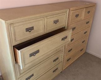 $120 EACH 2 STANLEY LIGHT / NATURAL OAK FIVE DRAWER DRESSERS
38”L x 18”D x 51”H