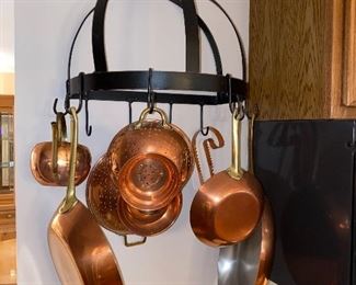 $ 120 HANGING COPPER POTS WITH RACK