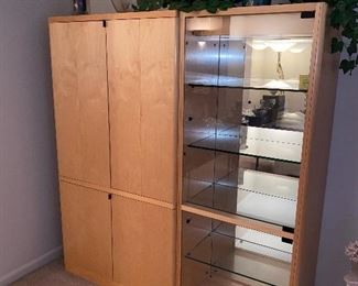 $200 MODERN LIGHT OAK RVC MADE IN BELGIUM ENTERTAINMENT CENTER WITH LIGHTED CURIO CABINET
63.5”L x 20.5”D x 67”H